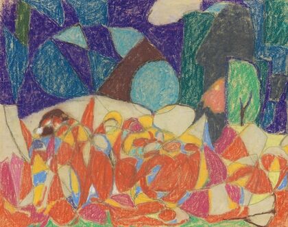 Figurengruppe unter lila-grünen Formen