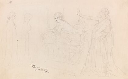 Figurenstudien; Eremit, Junge Frau am Fenster, Allegorie