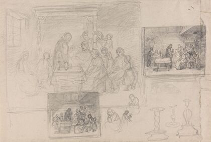 Figurer i interiør; prest ved sykeseng