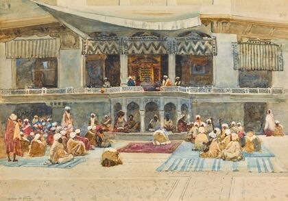Figures before a mosque