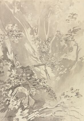 Figures crossing a bridge over a ravine