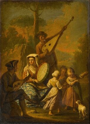 Figures dancing and playing music in the countryside