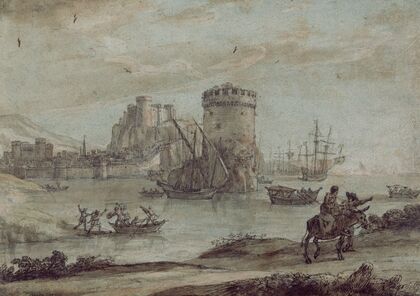 Figures in a Landscape before a Harbor