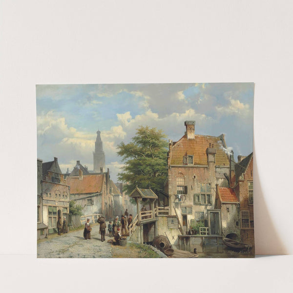 Figures on a bridge by a Dutch canal by Willem Koekkoek