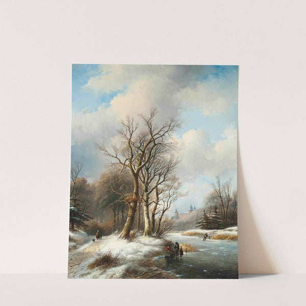Figures on a frozen waterway, a castle beyond by Jan Jacob Coenraad Spohler
