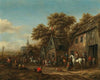 Figures on a road on the outskirts of a town