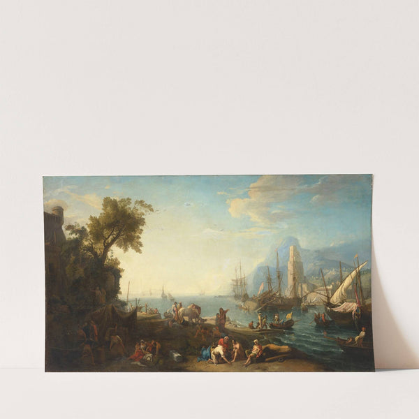 Figures on an estuary with a ship careened in the background by Adrien Manglard