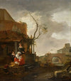 Figures outside a tavern with a woman sewing, travellers on a bridge beyond