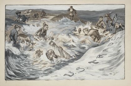Figures representing other countries, including Italy and Great Britain, are overwhelmed as they try to stop incoming waves representing U.S. trade (1902)
