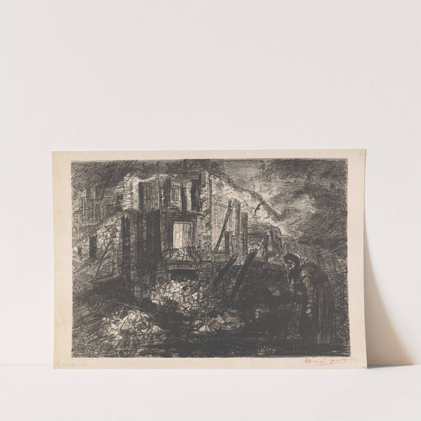 Figuur met wandelstok bij gebouwen in puin by Henry de Groux