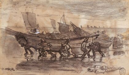 Fishermen Beaching a Dory, Cullercoats, England