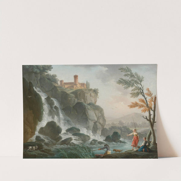 Fishing At The Edge Of A River With A Waterfall, Below A Castle by Charles-François Grenier De Lacroix