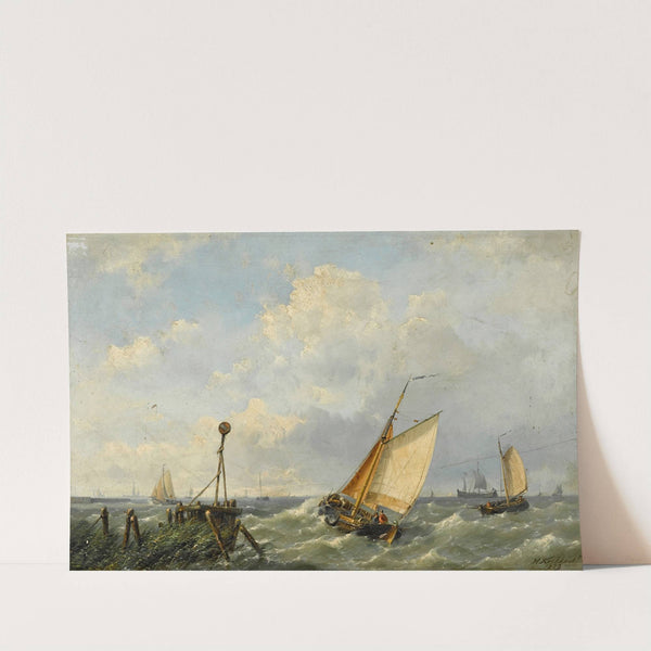 Fishing boats in a stiff breeze offshore by Hermanus Koekkoek the Younger