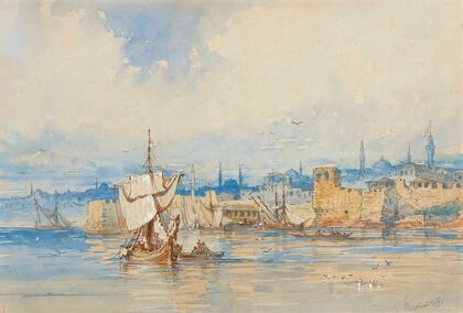 Fishing boats on the Sea of Marmara, at Kumkapi, Istanbul (1865) — size preview