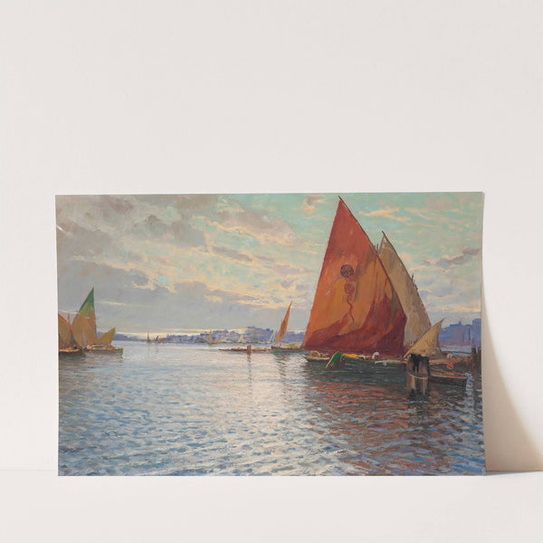 Fishing vessels moored off an Italian town at dusk by Beppe Ciardi