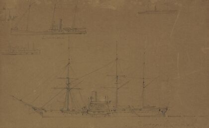 Five broadside views of steamships and a sailboat