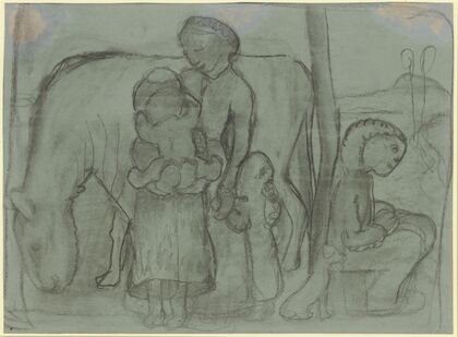 Five children, donkey and dog