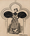 Nineteenth century woman with enormous sleeves, walking through doorway shaped like her dress (1896)