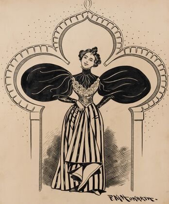 Nineteenth century woman with enormous sleeves, walking through doorway shaped like her dress (1896)