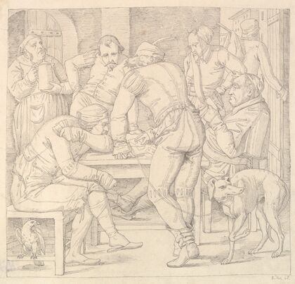 Five Men at a table in German Renaissance costume, playing cards in an inn