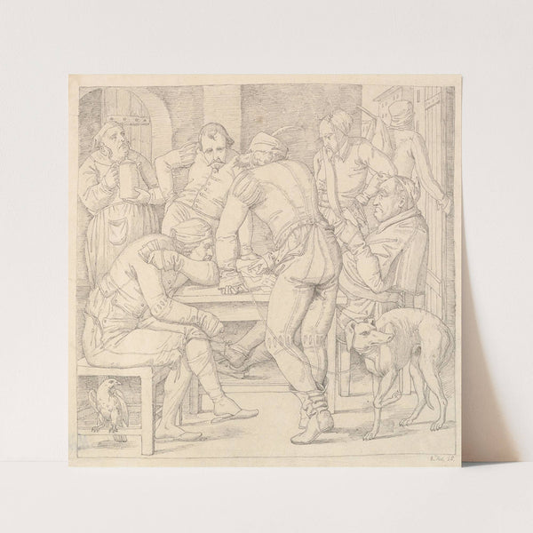 Five Men at a table in German Renaissance costume, playing cards in an inn by Paul Mila