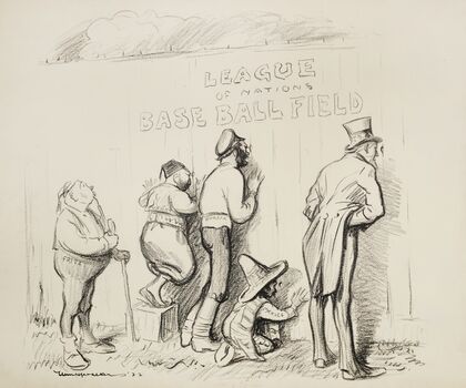 Five men, Fritz, Turkey, Russia, Mexico, and Uncle Sam, peer through holes in the wall of the ‘League of Nations Base Ball Field’ (1922)