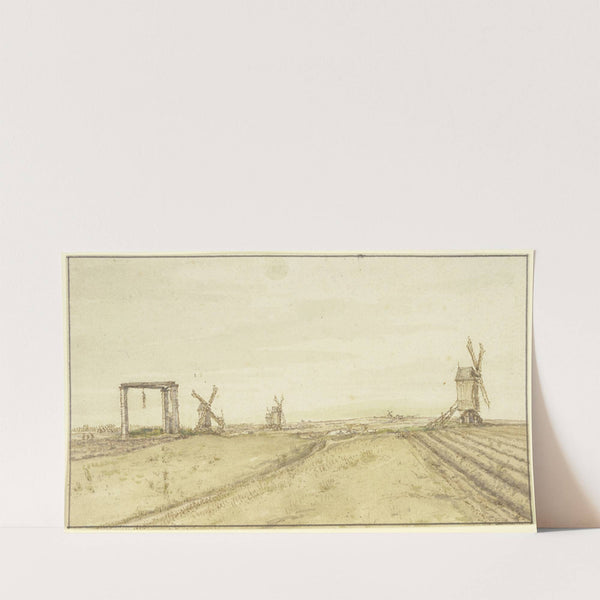 Flache Landschaft mit Windmühlen und Galgen by Gillis Neyts
