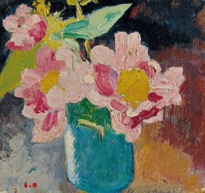 Fleurs roses aux cœurs jaunes, vase bleu (1913) — size preview