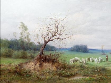 Flock of Sheep with Shepherd in an Open Landscape — size preview