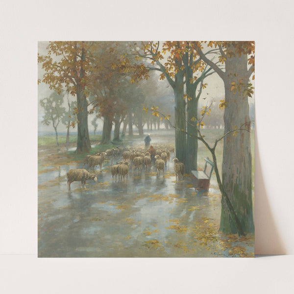 Flock Of Sheep With Shepherdess On A Rainy Day by Adolf Kaufmann