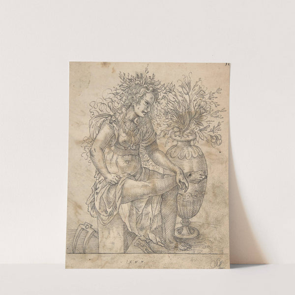 Flora Seated by a Vase with Two Harks on the Ground, after Jost Amman by Hermann Weyer