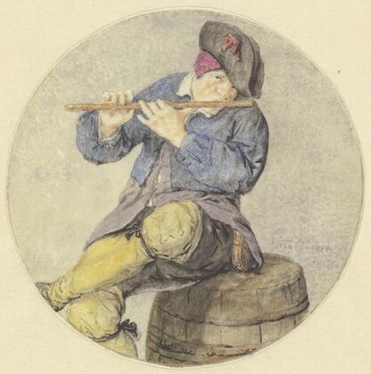 Flötenspieler auf einem Fass sitzend (1689)