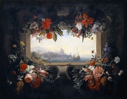 Flower Still Life; Cartouche With Garland, Inside A View Of A Seaport
