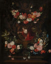 Flower wreath frames the virgin Mary