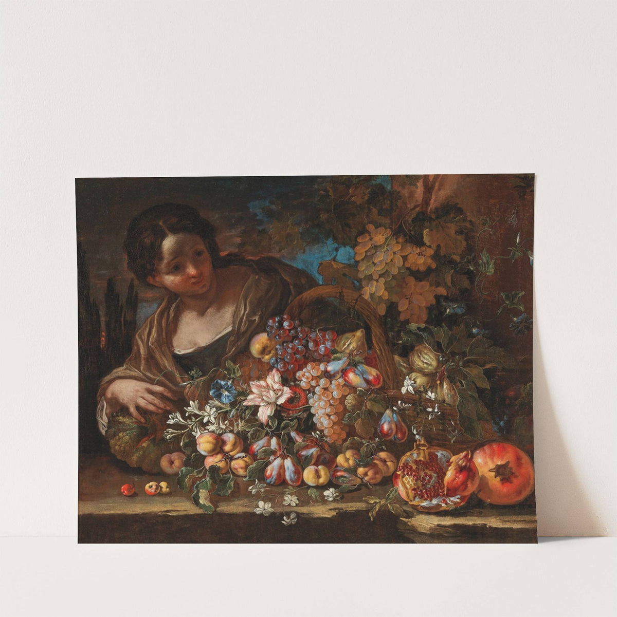 Flowers and fruit on a stone ledge with a young woman by Giovanni Paolo Castelli