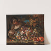 Flowers and fruit on a stone ledge with a young woman by Giovanni Paolo Castelli