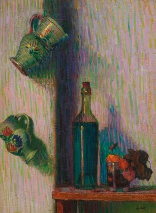 Flowers, bottle and two jugs
