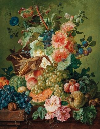 Flowers, Fruit And A Corn On The Cob On A Table Ledge