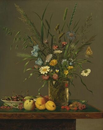 Flowers in a Glass Vase and an Arrangement of Fruit