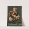 Flowers in a glass vase on a ledge by Hans Bollongier