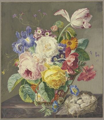 Flowers in a Woven Basket and a Bird’s Nest