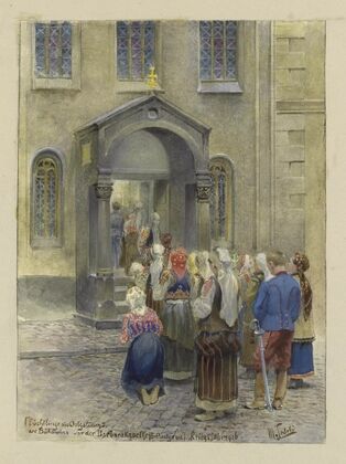 Flüchtlinge aus Ostgalizien und der Bukowina vor der Barbarakapelle (I. Postgasse) Kriegsjahr 1916 (1916)