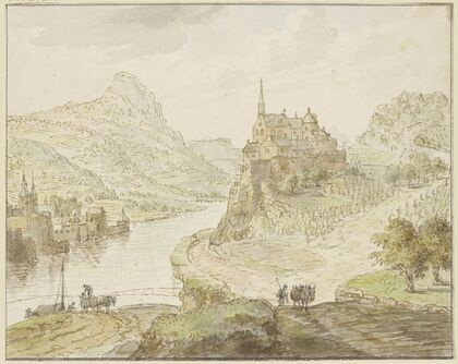 Fluß zwischen Bergen, rechts auf einem Felsen ein Kloster — size preview