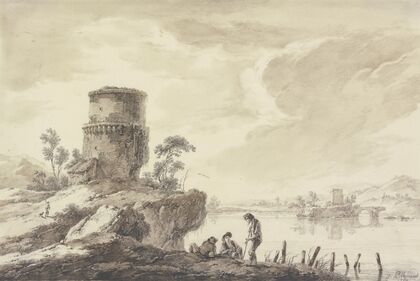 Flußgegend, im Vordergrund ein runder, im Mittelgrund auf einer Insel ein viereckiger Turm, mit Ruinen einer Brücke