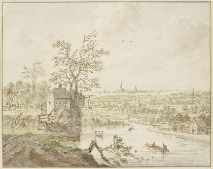 Flußgegend, in der Ferne das Meer mit einer Stadt