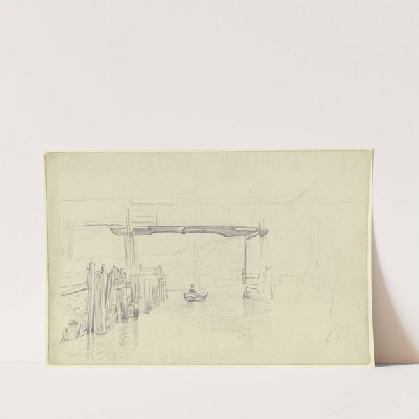 Fluss mit Brücke und Segelboot by Otto Scholderer