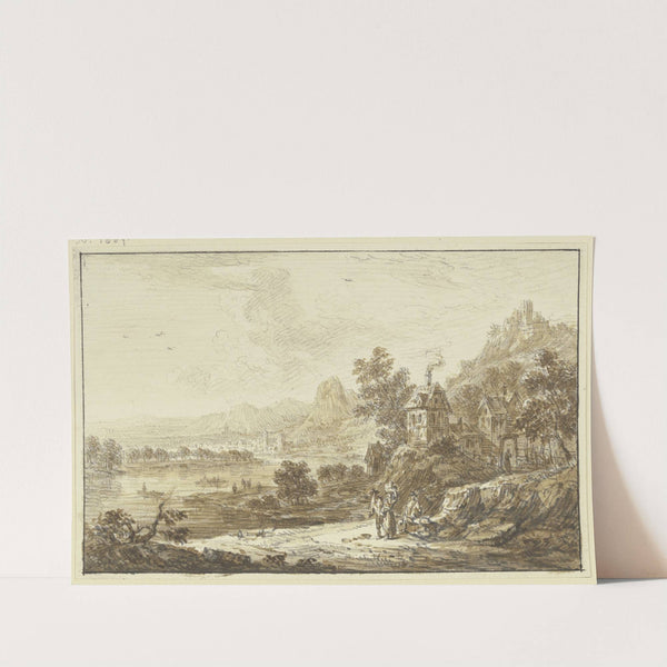 Flussgegend, rechts ansteigendes Gebirge, im Vordergrund bei einem Dorf drei Figuren by Franz Schütz