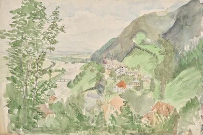 Flusslandschaft im Gebirge mit Burg (1910-1920)