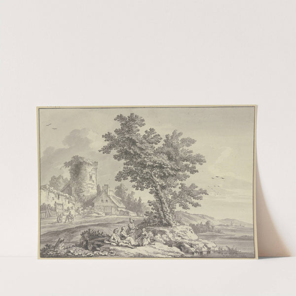 Flusslandschaft, links ein Bauernhaus an dem Turm einer Stadtmauer, in der Bildmitte rasten vier Personen an einem Baum by Jakob Philipp Hackert