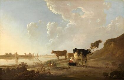 Flusslandschaft mit melkender Frau